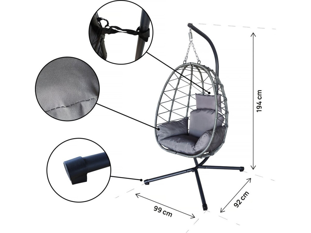 Sedia a uovo "Cosi" in rattan - 99 x 92 x 194 cm - Grigio