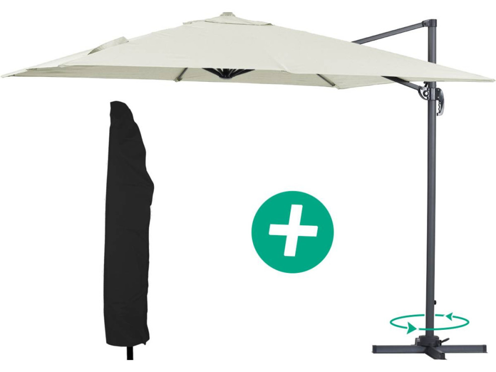 Parasole decentrato da giardino Alu "Sun 3" - Quadrato - 3 x 3 m - Ecru + fodera di copertura protettiva