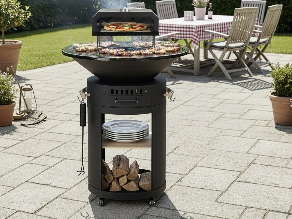Braciere plancha per barbecue con forno per pizza "César premium" - Ø 81 cm - Nero