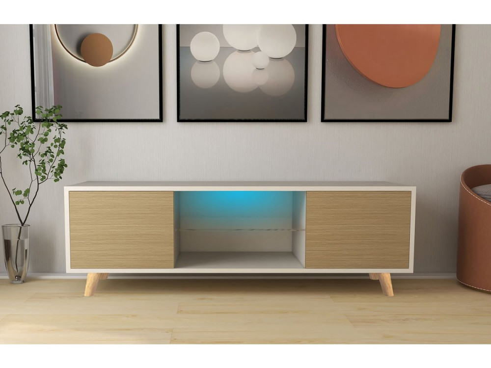 Supporto TV LED "Inna" - 140 x 42 x 45 cm - Bianco/quercia