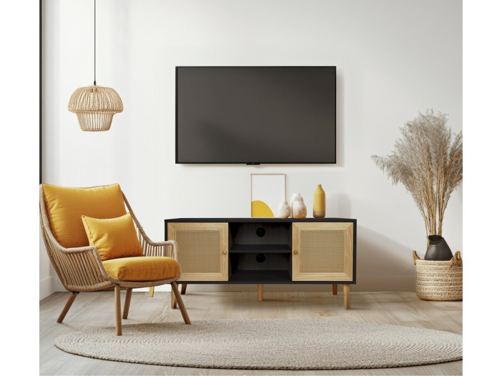 Mobile TV scandinavo in canna "Iguana" - 120 x 30 x 56,5 cm - Nero
