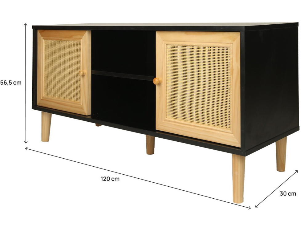 Mobile TV scandinavo in canna "Iguana" - 120 x 30 x 56,5 cm - Nero