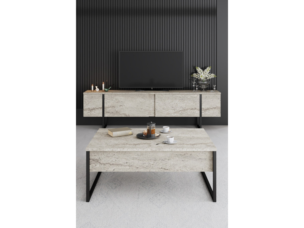 Porta TV in legno "Luxe" - 180 x 30 x 50 cm - TravertinoNero