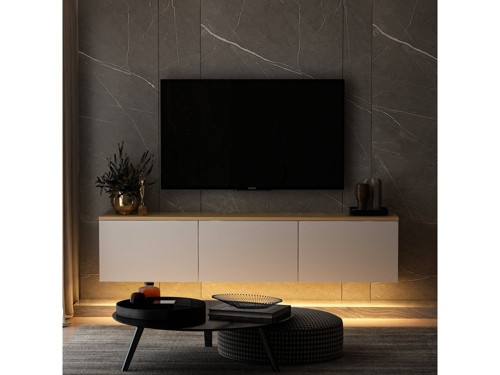 Mobile TV a parete in legno con illuminazione LED "Neon" - 160 x 32 x 35 cm - Bianco