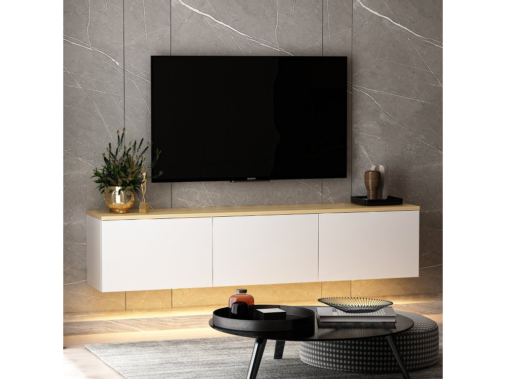Mobile TV a parete in legno con illuminazione LED "Neon" - 160 x 32 x 35 cm - Bianco