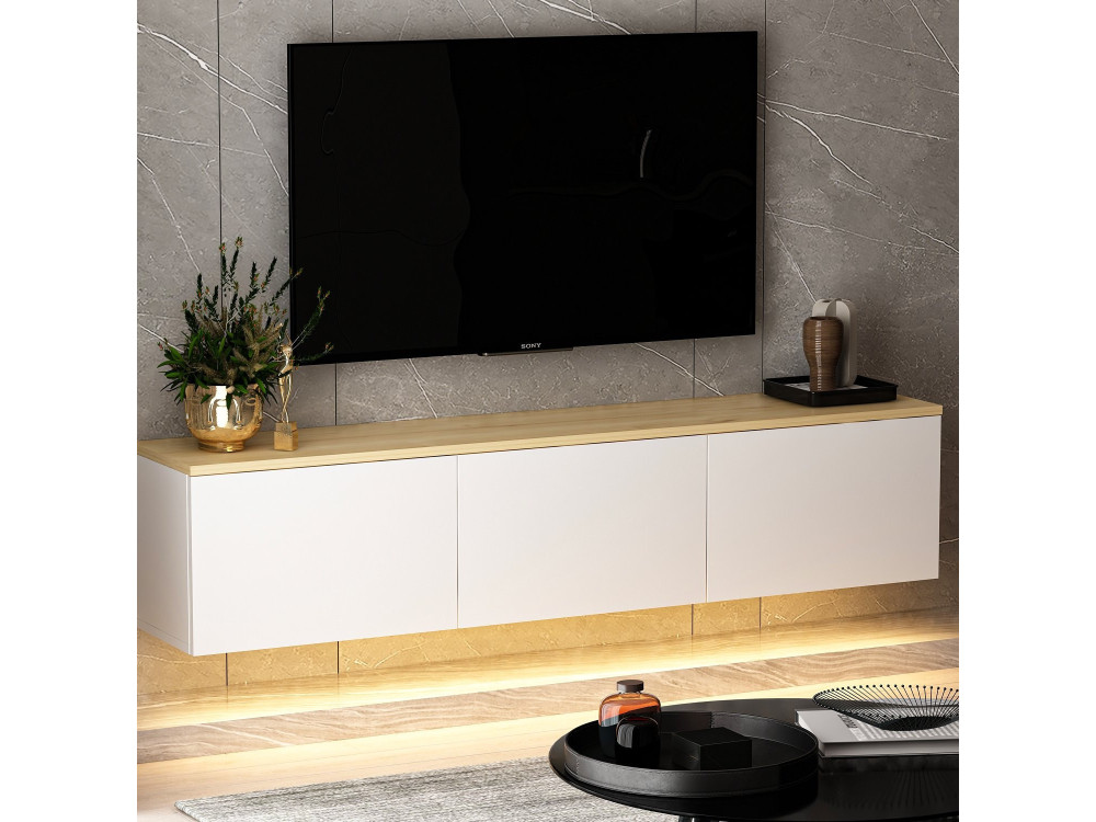 Mobile TV a parete in legno con illuminazione LED "Neon" - 160 x 32 x 35 cm - Bianco