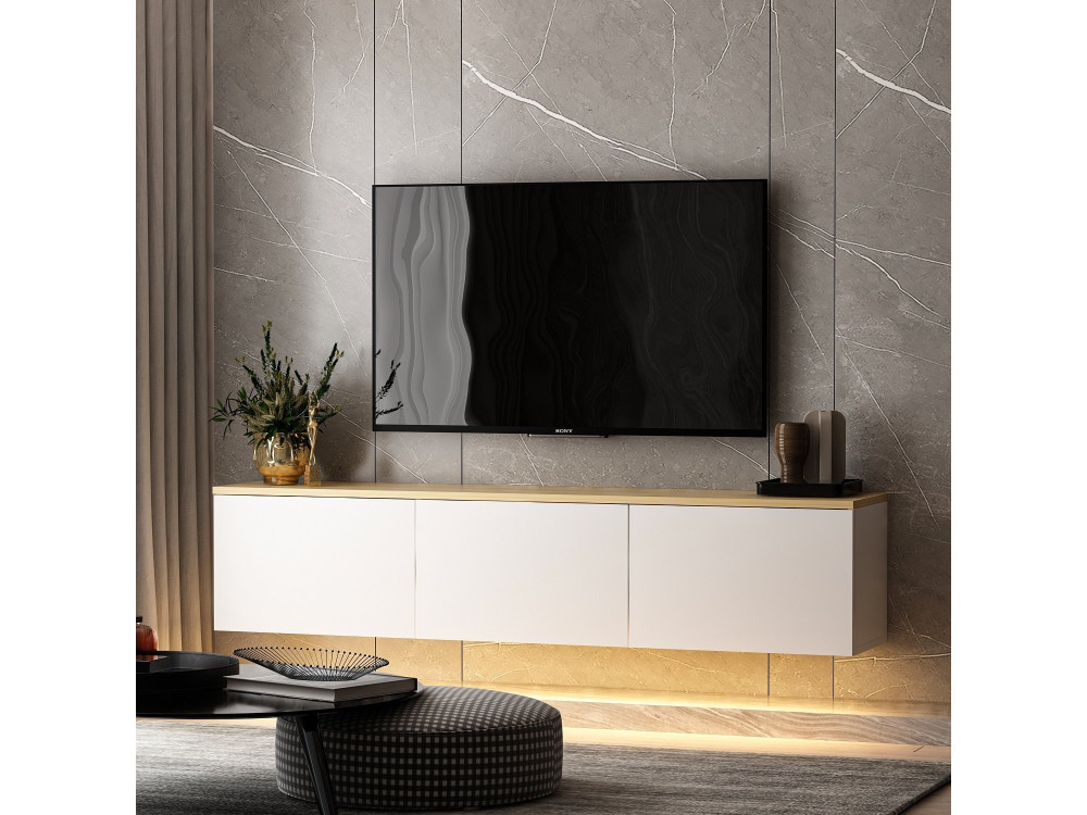 Mobile TV a parete in legno con illuminazione LED "Neon" - 160 x 32 x 35 cm - Bianco