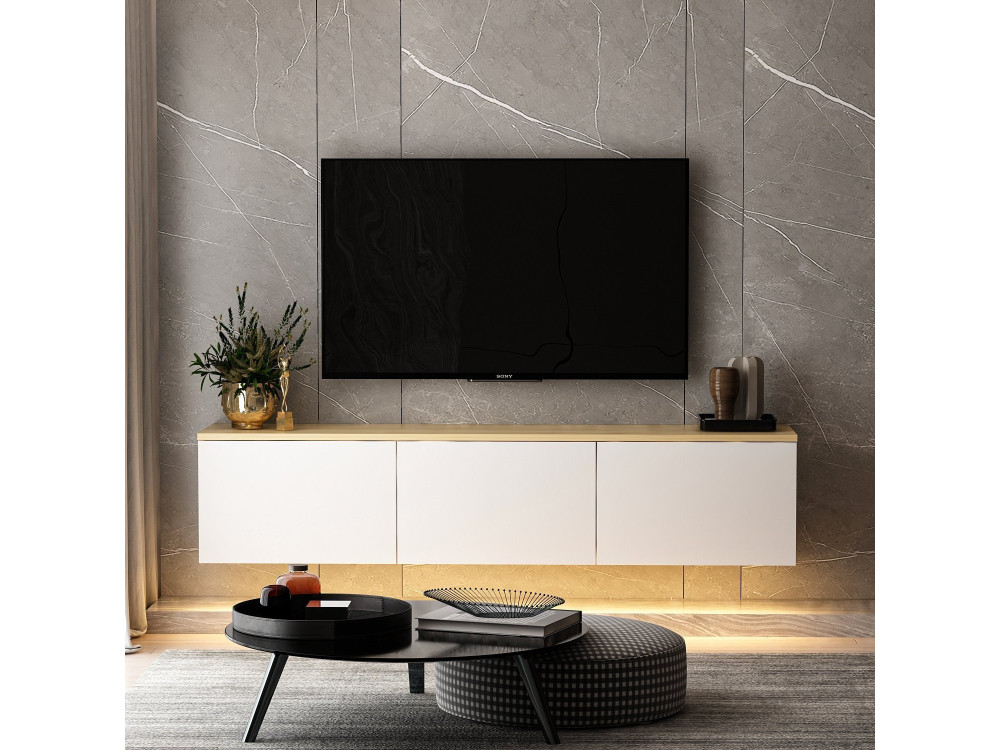 Mobile TV a parete in legno con illuminazione LED "Neon" - 160 x 32 x 35 cm - Bianco