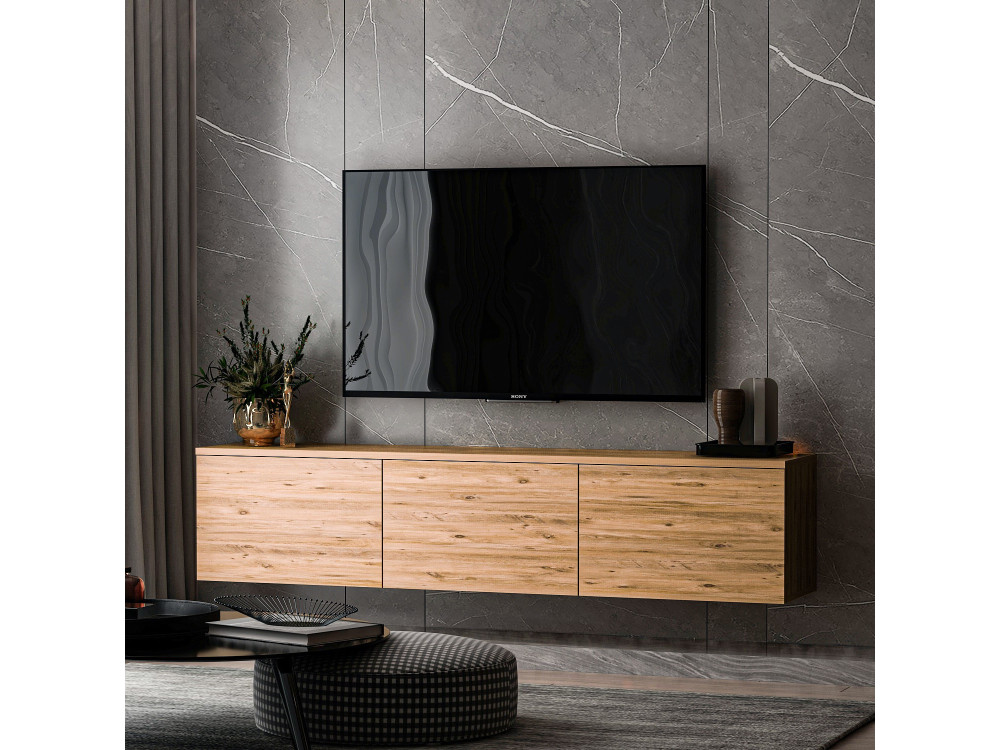 Porta TV sospeso in legno "Neon" con illuminazione LED - 160 x 32 x 35 cm - Marrone chiaro