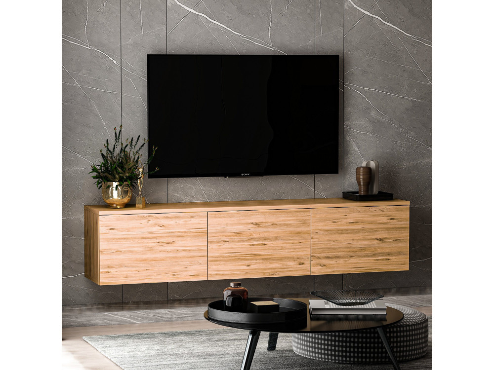Porta TV sospeso in legno "Neon" con illuminazione LED - 160 x 32 x 35 cm - Marrone chiaro