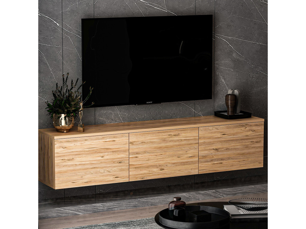 Porta TV sospeso in legno "Neon" con illuminazione LED - 160 x 32 x 35 cm - Marrone chiaro