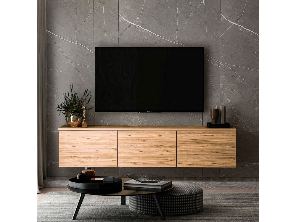 Porta TV sospeso in legno "Neon" con illuminazione LED - 160 x 32 x 35 cm - Marrone chiaro