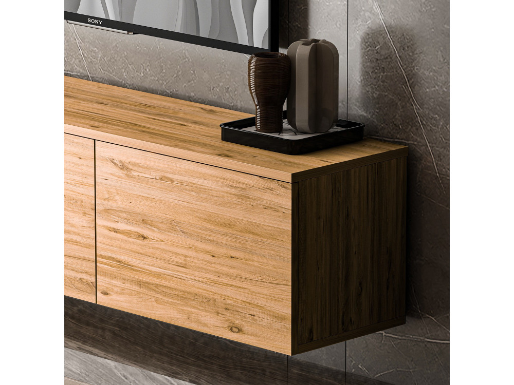 Porta TV sospeso in legno "Neon" con illuminazione LED - 160 x 32 x 35 cm - Marrone chiaro