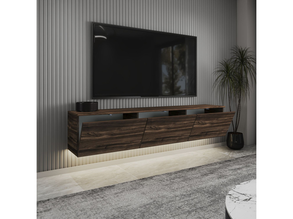 Porta TV sospeso in legno "Neon" con illuminazione a LED - 160 x 32 x 35 cm - Marrone