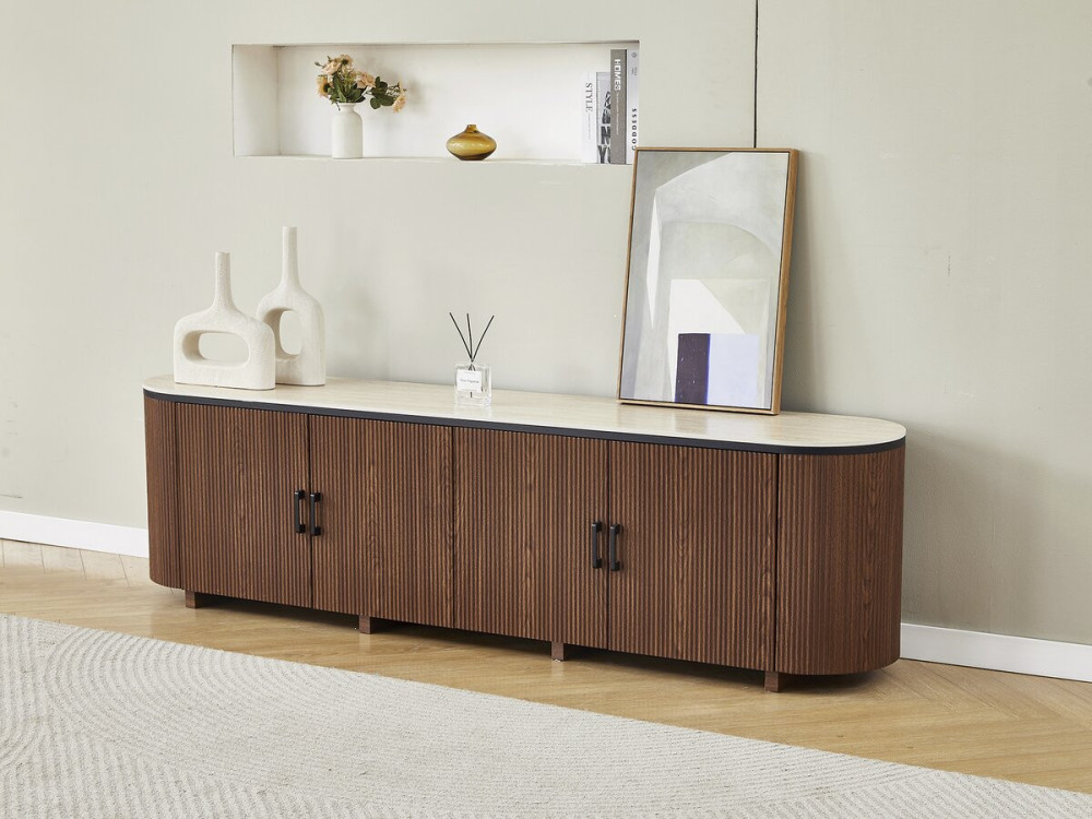 Porta tv ovale in legno e ceramica "Portofino" - 200 x 40 x 55 cm - Marrone