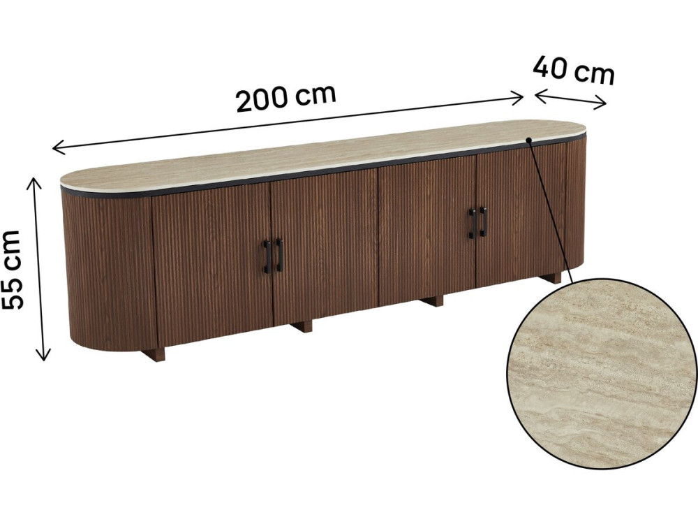 Porta tv ovale in legno e ceramica "Portofino" - 200 x 40 x 55 cm - Marrone