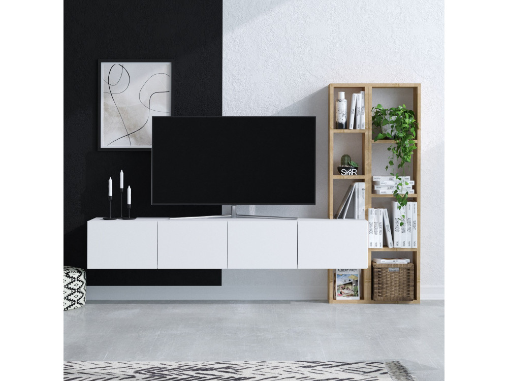 Porta TV in legno "Pana" - 182 x 32 x 25 cm - Bianco, Rovere