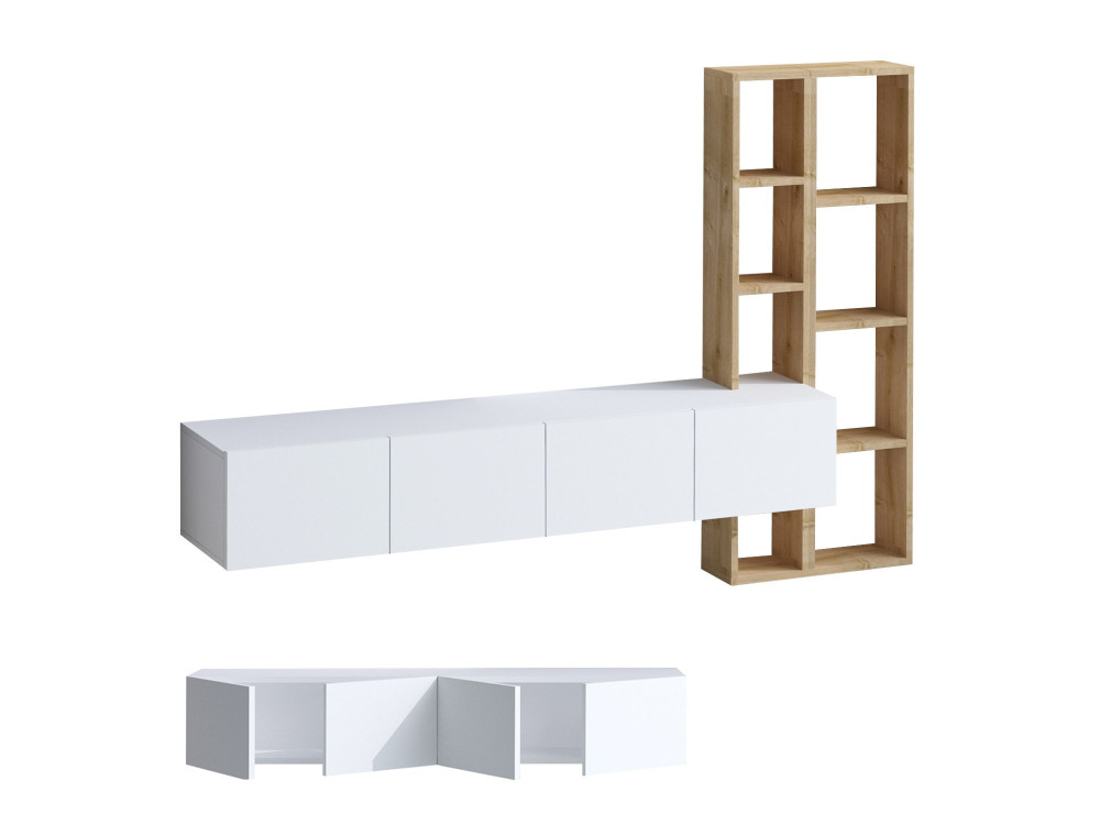 Porta TV in legno "Pana" - 182 x 32 x 25 cm - Bianco, Rovere