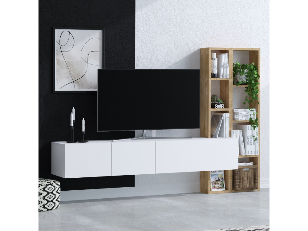 Porta TV in legno "Pana" - 182 x 32 x 25 cm - Bianco, Rovere