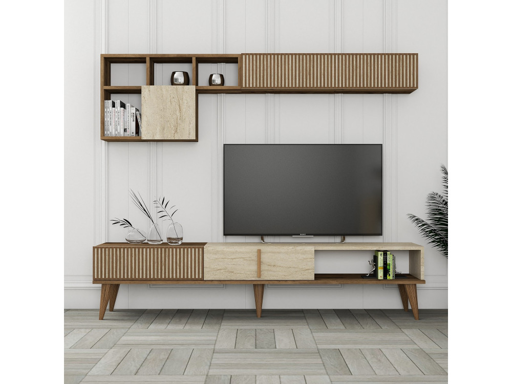 Porta TV in legno "Milan" - 180 x 35 x 40 cm - Noce, Travertino