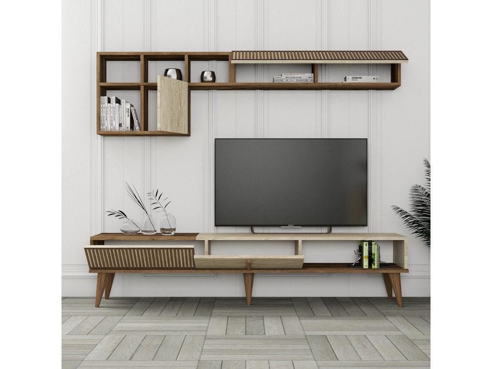Porta TV in legno "Milan" - 180 x 35 x 40 cm - Noce, Travertino