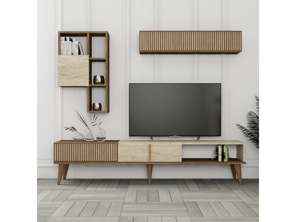 Porta TV in legno "Milan" - 180 x 35 x 40 cm - Noce, Travertino