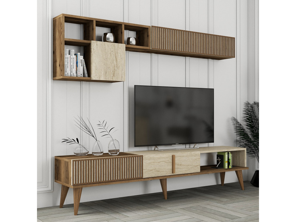 Porta TV in legno "Milan" - 180 x 35 x 40 cm - Noce, Travertino