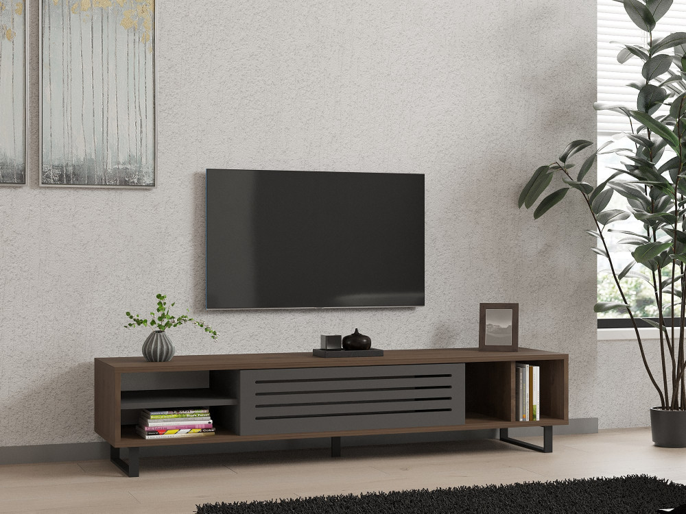 Porta TV in legno "Eray" - 160 x 40 x 35 cm - Noce, Antracite