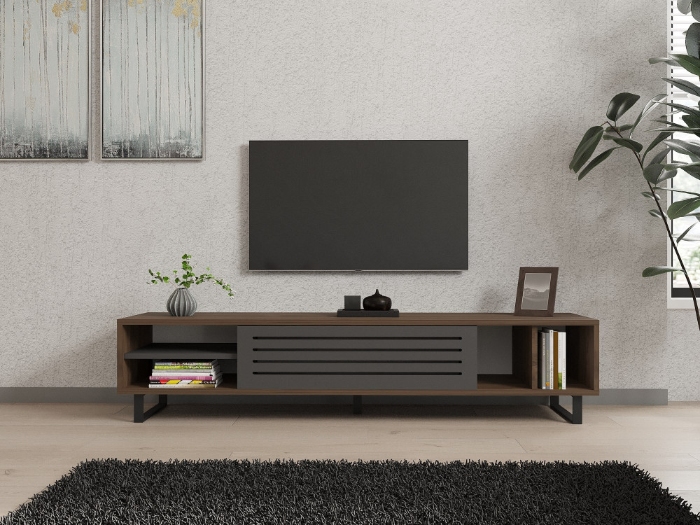 Porta TV in legno "Eray" - 160 x 40 x 35 cm - Noce, Antracite