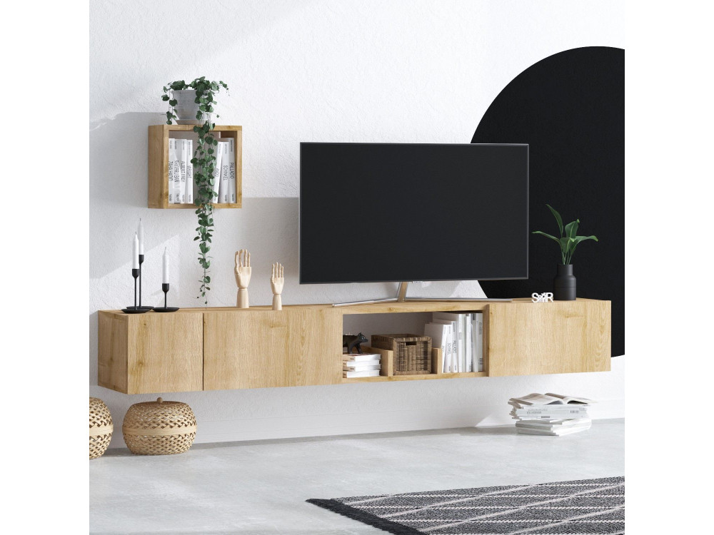 Porta TV in legno "Avior" con mensola a muro - 180 x 32 x 25 cm - Beige