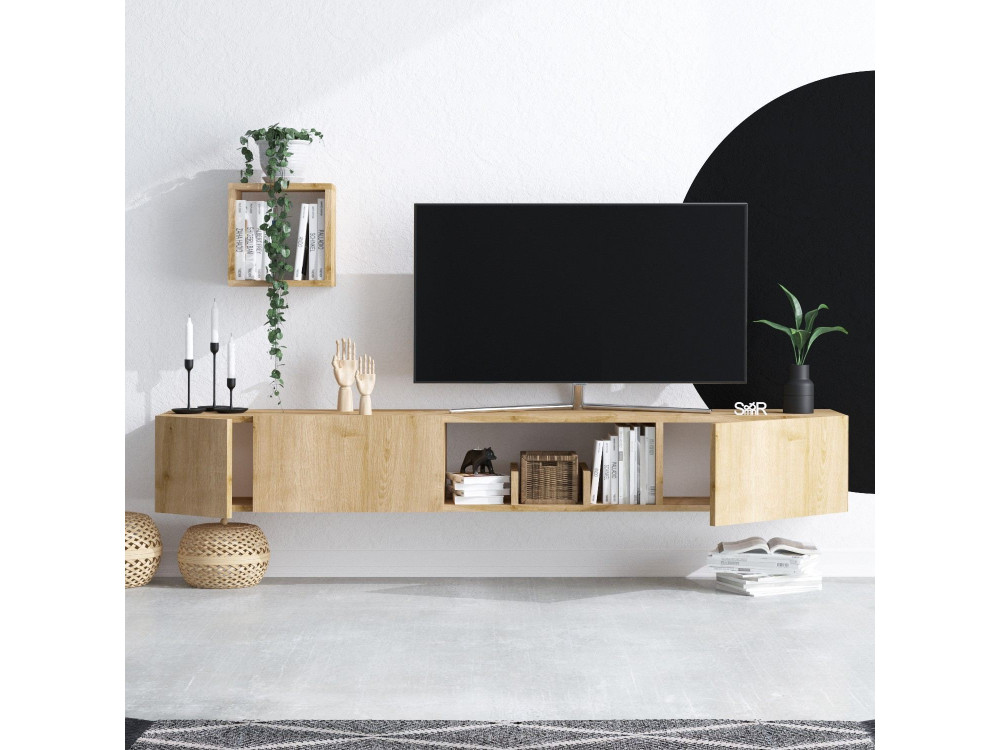 Porta TV in legno "Avior" con mensola a muro - 180 x 32 x 25 cm - Beige