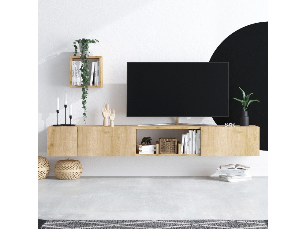 Porta TV in legno "Avior" con mensola a muro - 180 x 32 x 25 cm - Beige