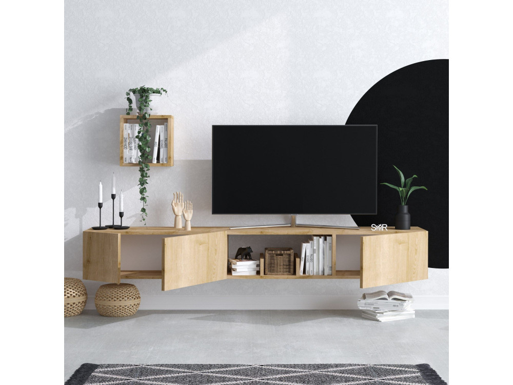 Porta TV in legno "Avior" con mensola a muro - 180 x 32 x 25 cm - Beige