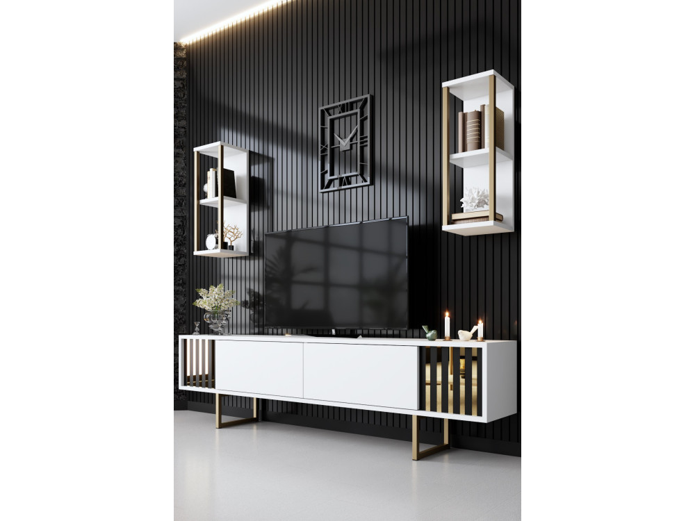 Porta TV in legno "Gold Line" - 180 x 30 x 48 cm - Bianco-Nero