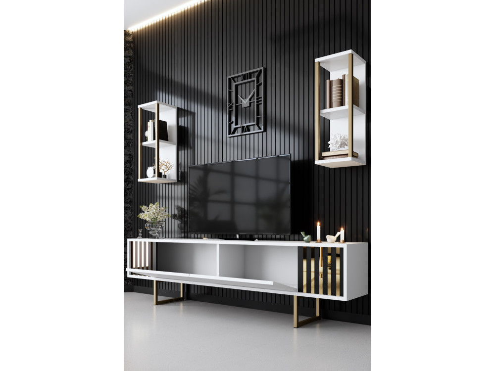 Porta TV in legno "Gold Line" - 180 x 30 x 48 cm - Bianco-Nero