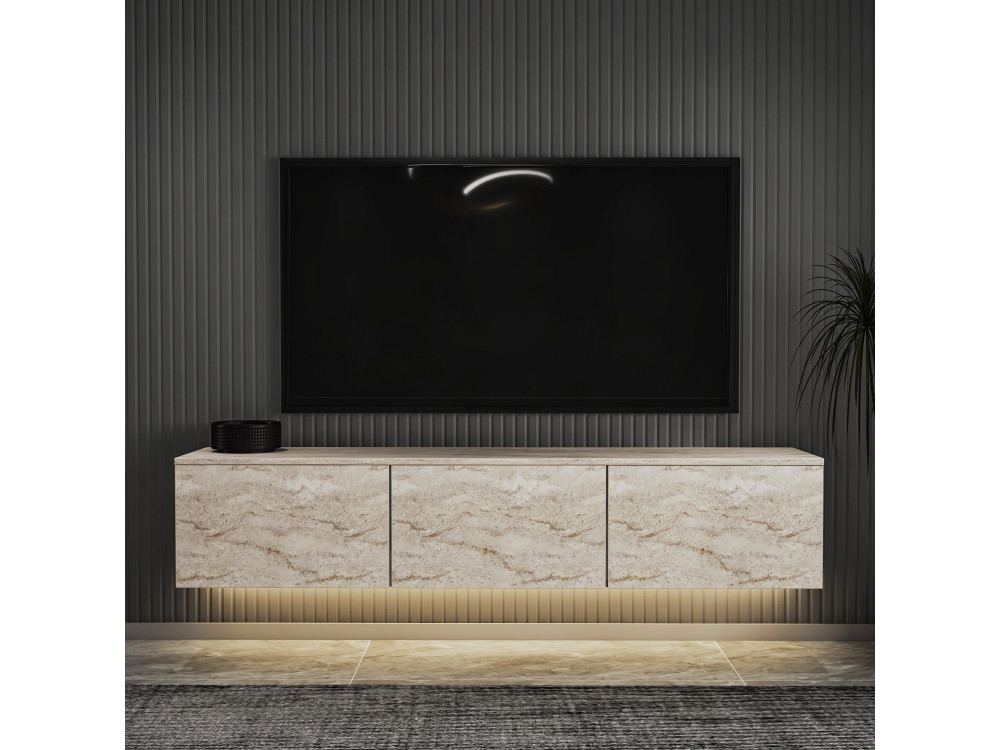 Mobile TV a parete in legno con illuminazione LED "Neon illuminated" - 160 x 32 x 35 cm - Travertino