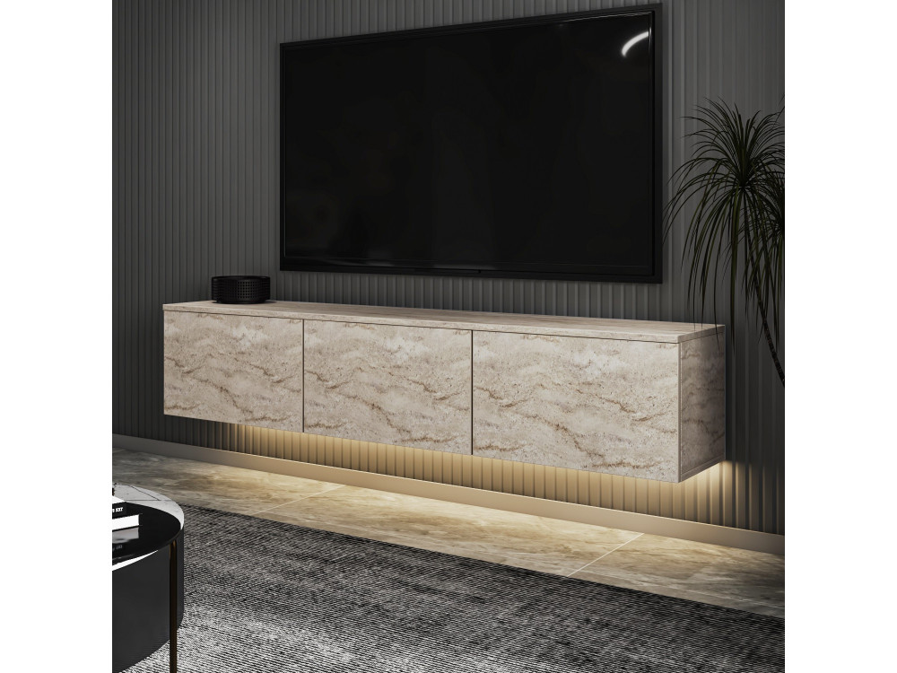Mobile TV a parete in legno con illuminazione LED "Neon illuminated" - 160 x 32 x 35 cm - Travertino