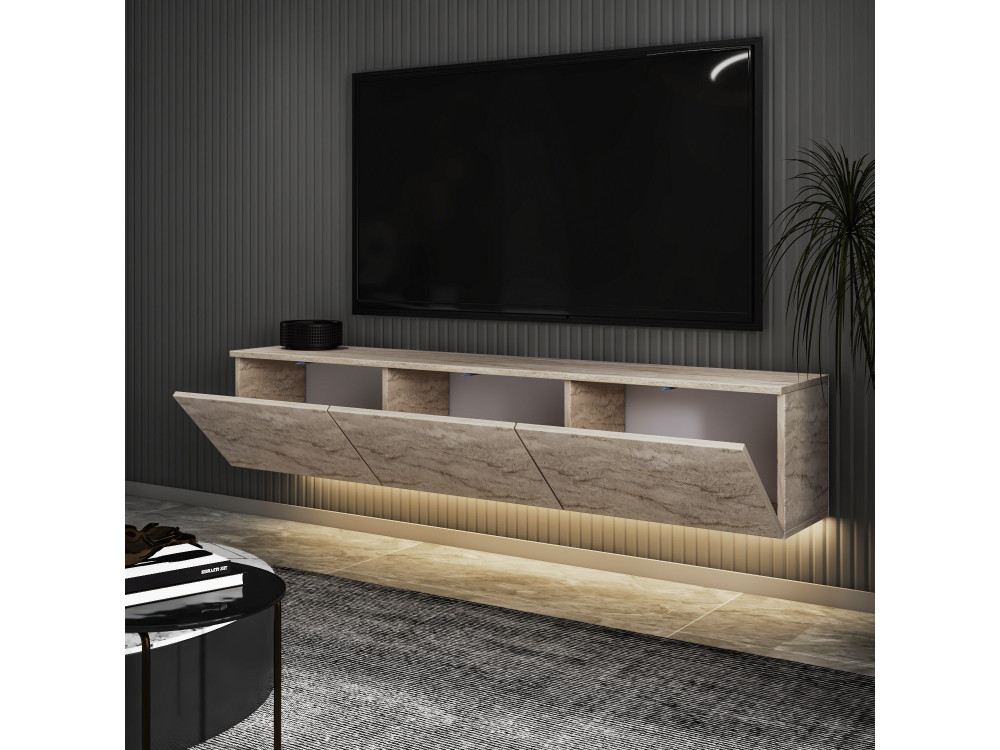 Mobile TV a parete in legno con illuminazione LED "Neon illuminated" - 160 x 32 x 35 cm - Travertino