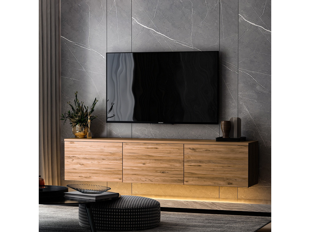 Porta TV in legno sospeso "illuminato al neon" con illuminazione a LED - 160 x 32 x 35 cm - Marrone