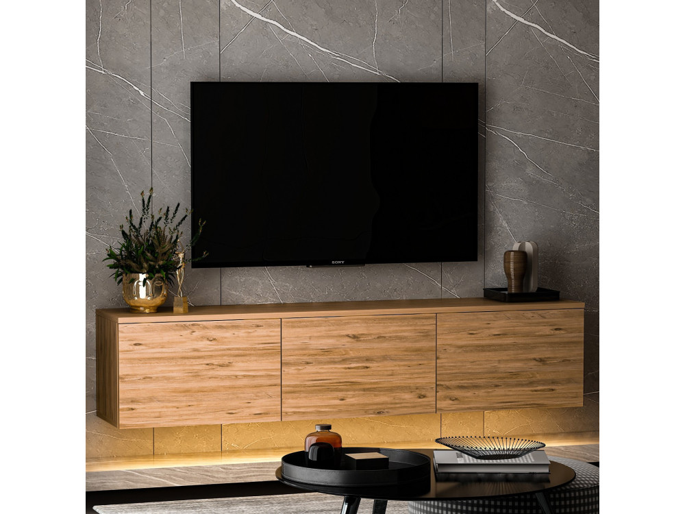 Porta TV in legno sospeso "illuminato al neon" con illuminazione a LED - 160 x 32 x 35 cm - Marrone