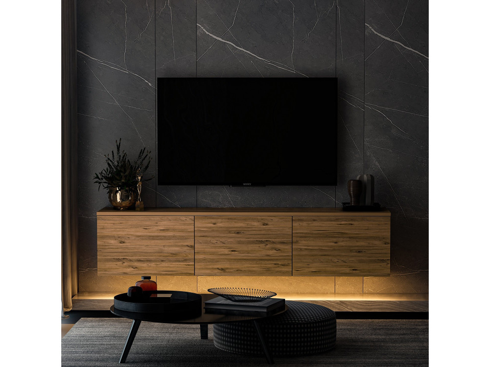 Porta TV in legno sospeso "illuminato al neon" con illuminazione a LED - 160 x 32 x 35 cm - Marrone