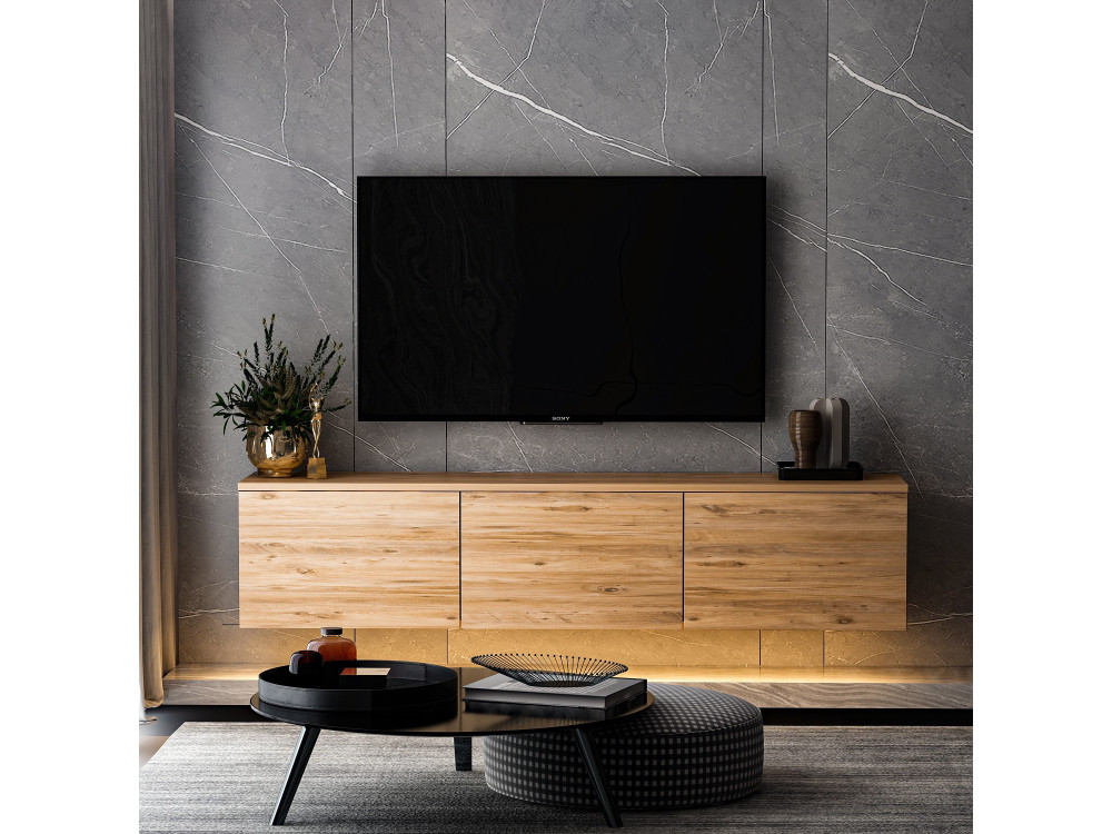 Porta TV in legno sospeso "illuminato al neon" con illuminazione a LED - 160 x 32 x 35 cm - Marrone