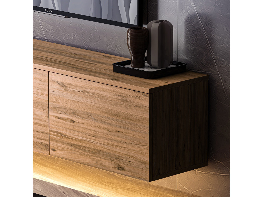 Porta TV in legno sospeso "illuminato al neon" con illuminazione a LED - 160 x 32 x 35 cm - Marrone
