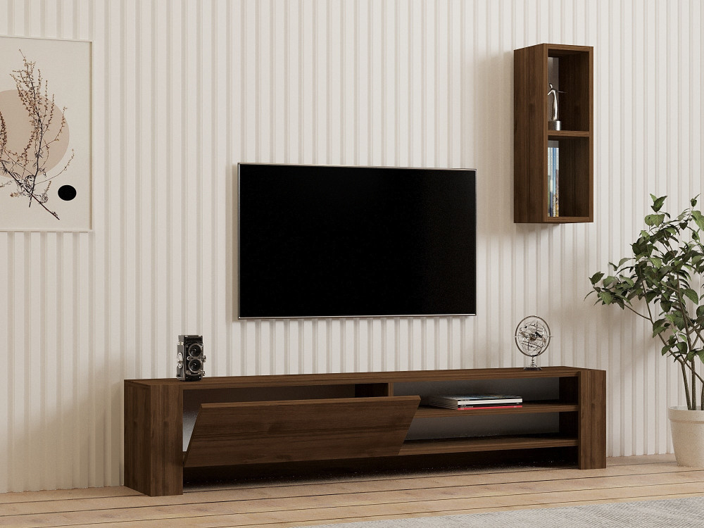 Porta TV Naz" in legno con mensola a muro - 160 x 26 x 33 cm - Marrone