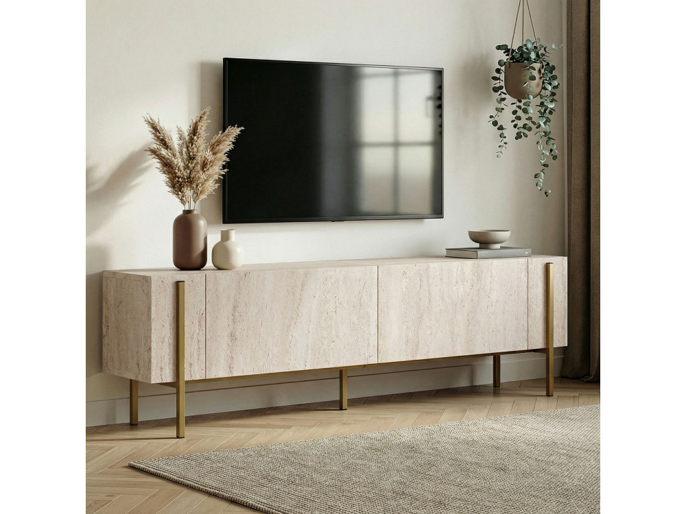 Porta TV in legno "Nexus" - 180 x 30 x 45 cm - Travertino / Oro