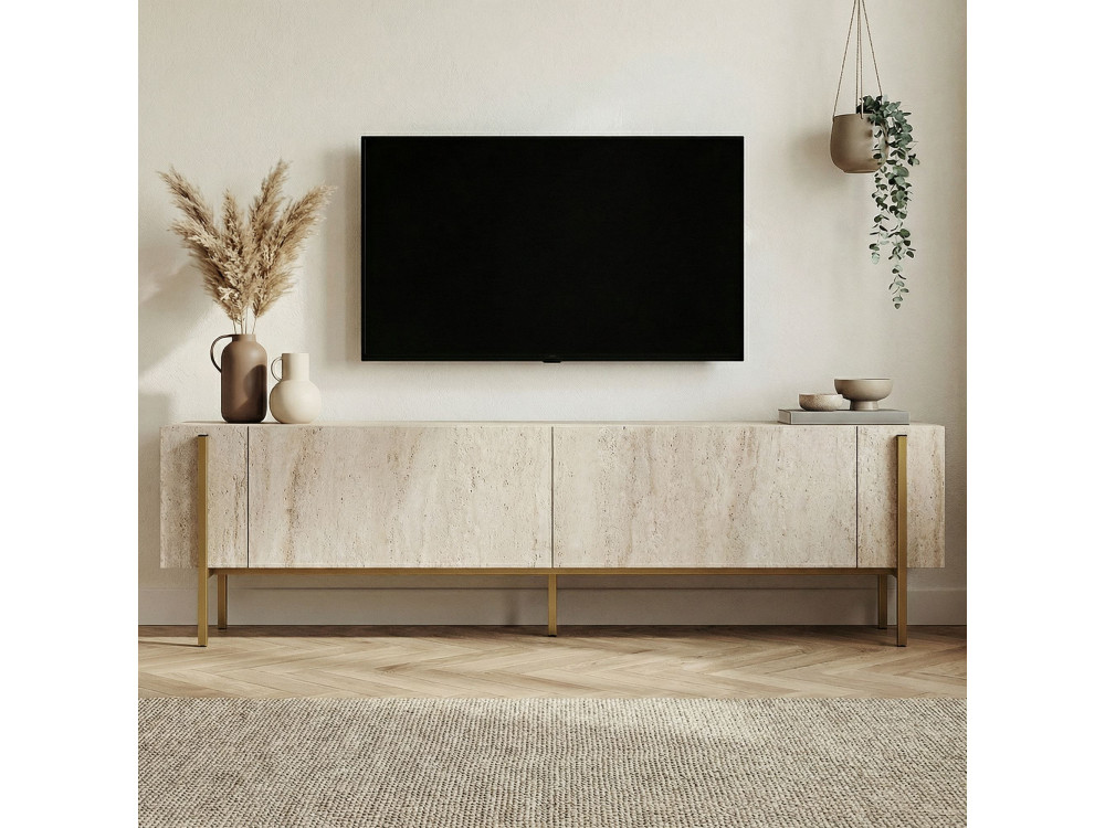 Porta TV in legno "Nexus" - 180 x 30 x 45 cm - Travertino / Oro