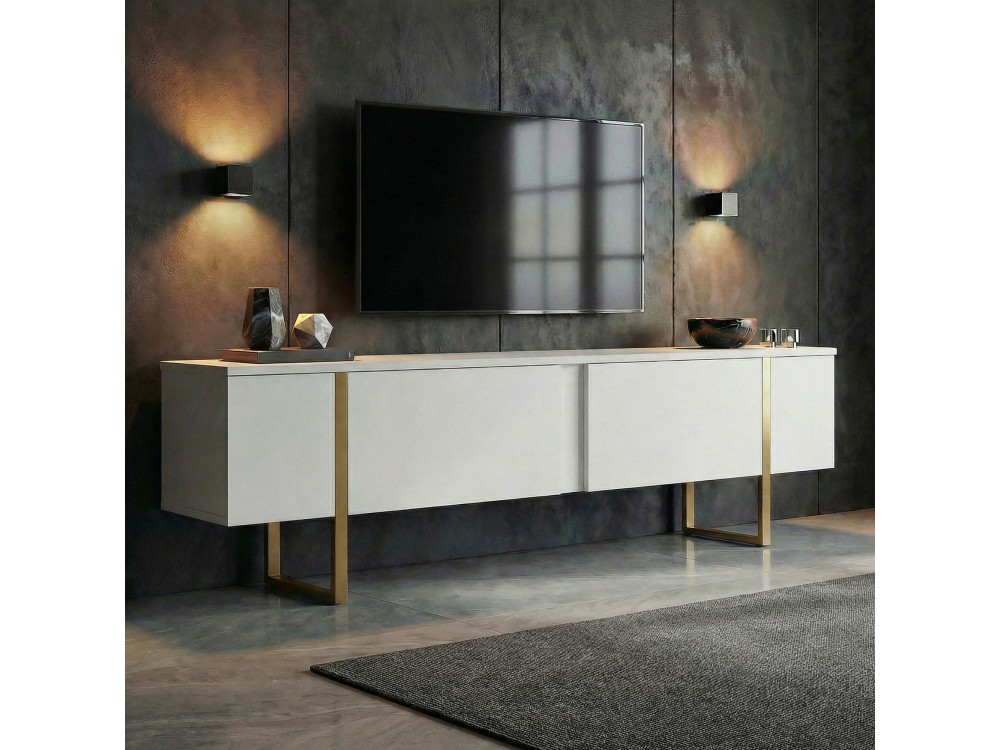 Porta TV in legno "Onera" - 180 x 30 x 50 cm - Bianco / Oro