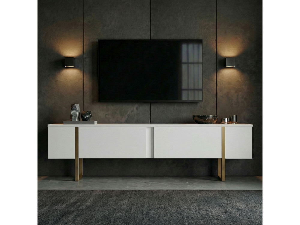 Porta TV in legno "Onera" - 180 x 30 x 50 cm - Bianco / Oro