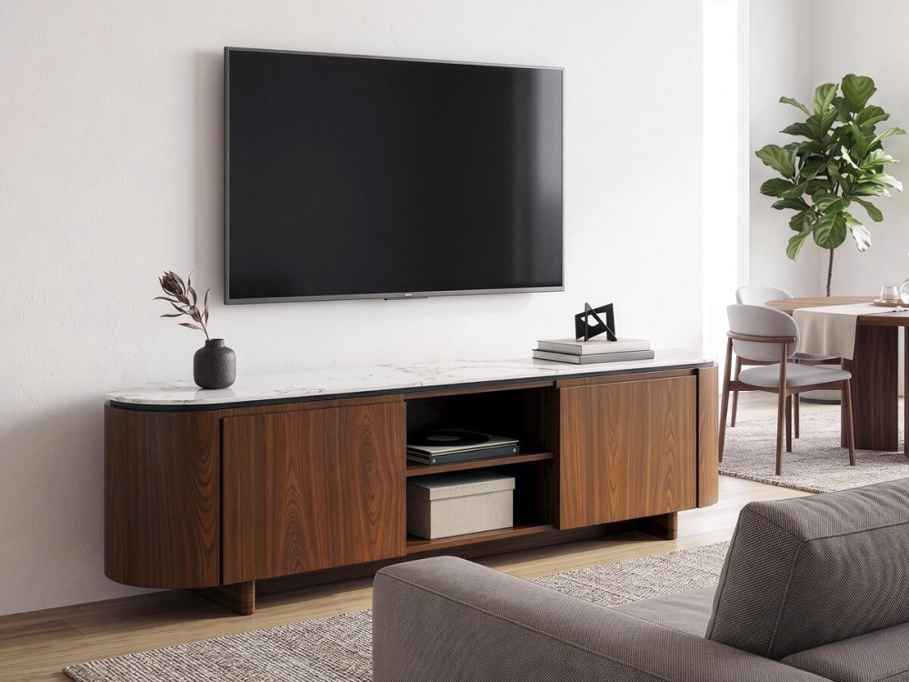 Porta TV in legno "Stonea" con piano in ceramica - 200 x 40 x 55 cm - Marrone
