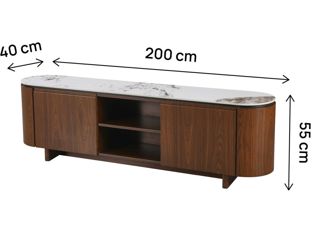 Porta TV in legno "Stonea" con piano in ceramica - 200 x 40 x 55 cm - Marrone